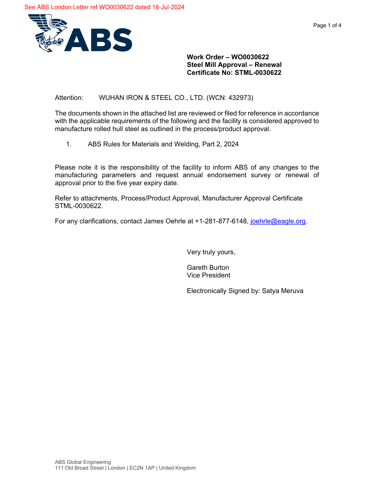 ABS scanned works approval certificate