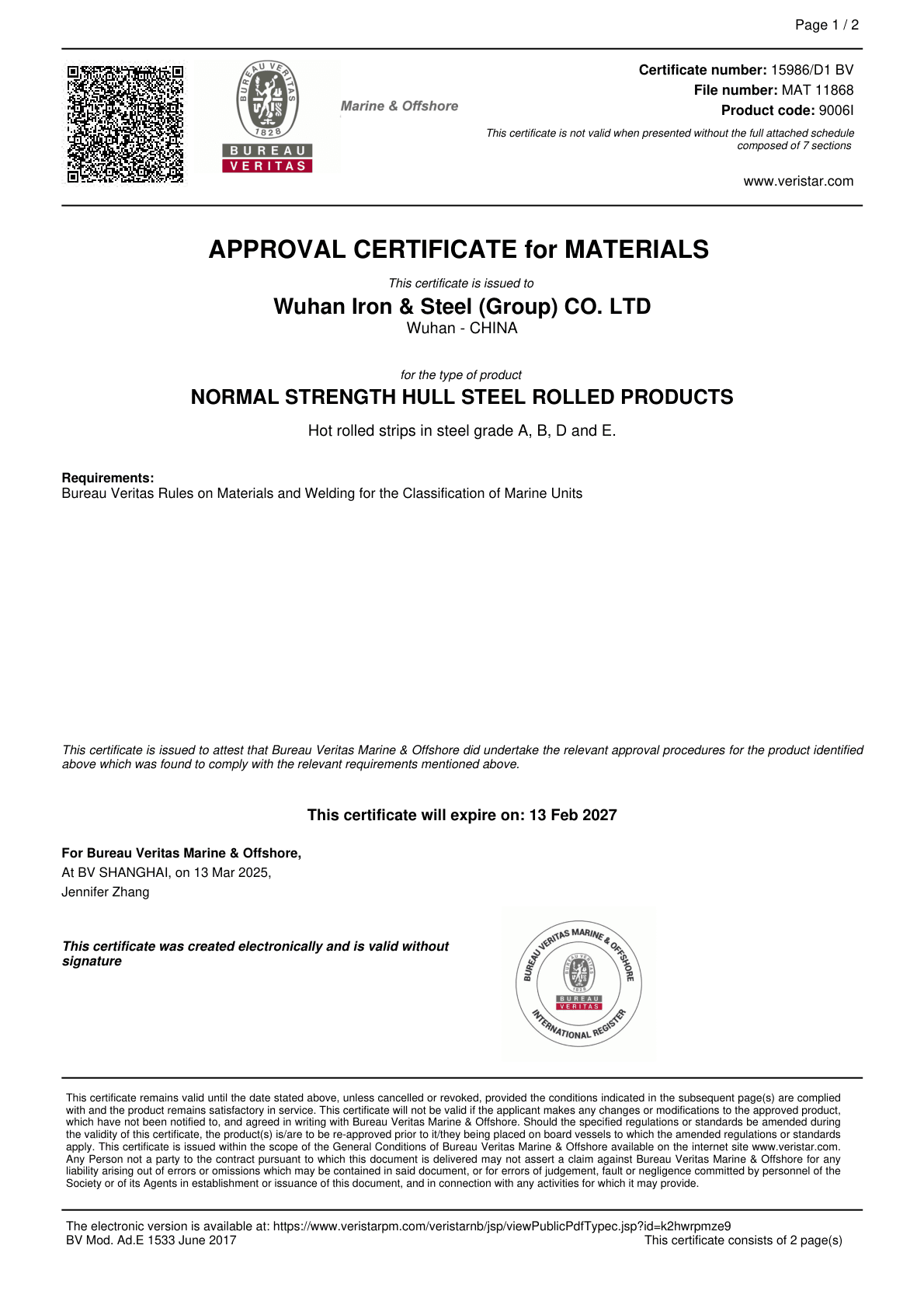 BV scanned works approval certificate