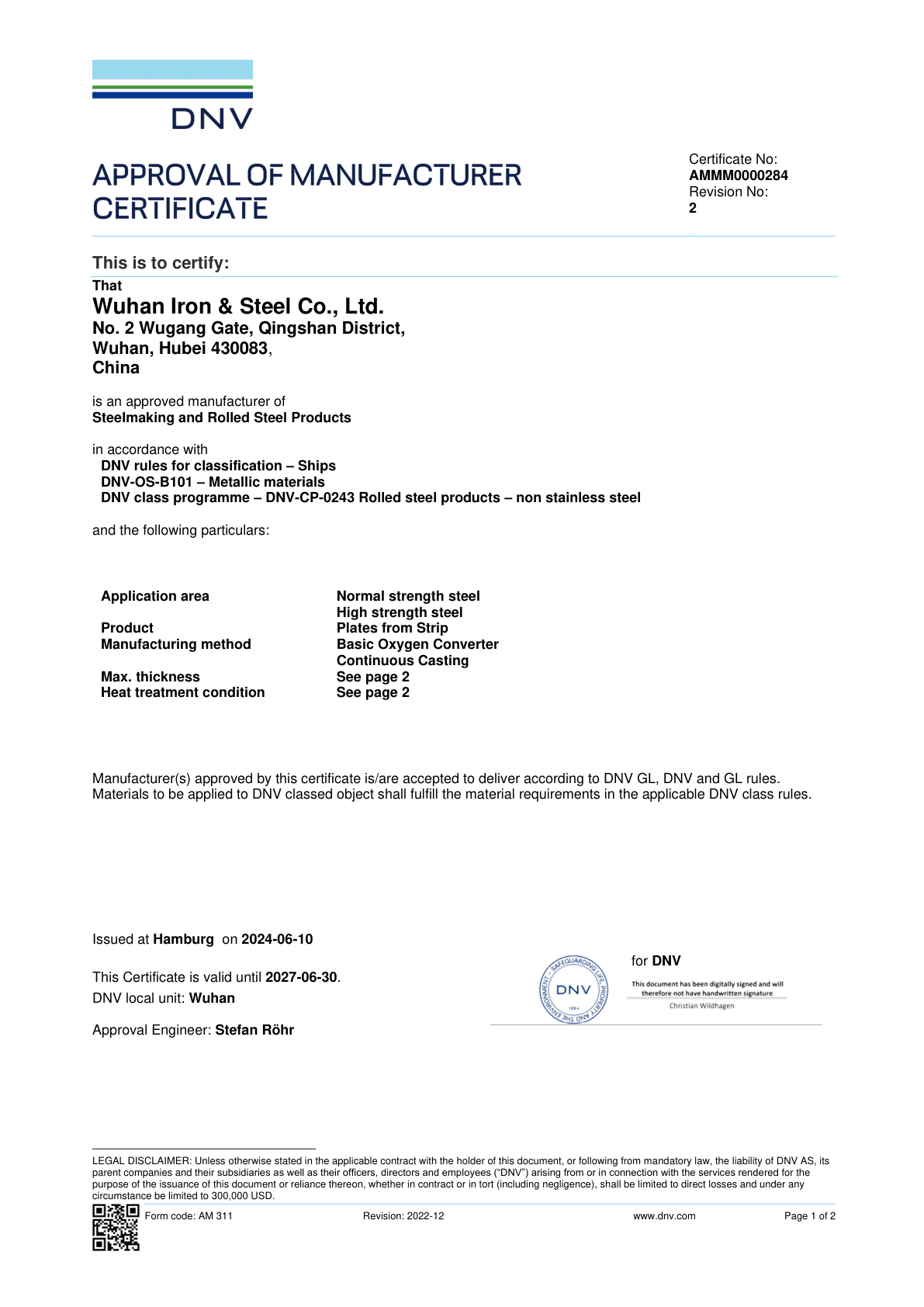 DNV scanned works approval certificate